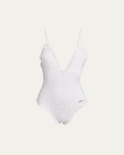 Chloé Ruffle-trim Eyelet Nylon One-piece In White