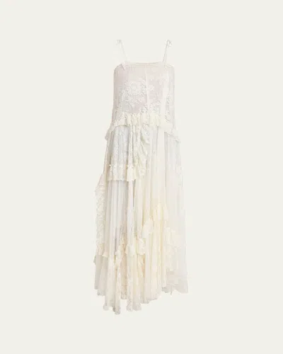 Chloé Thin Strap Long Dress In Embroidered Lace In White