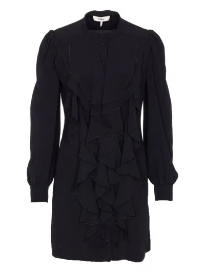 Chloé Black Ruffled Dress In Silk Blend