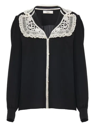 CHLOÉ RUFFLED BLOUSE IN CRÊPE DE CHINE & LACE