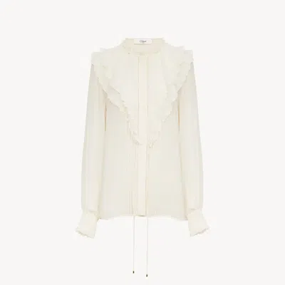 CHLOÉ BLOUSE À VOLANTS EN GEORGETTE DE SOIE FEMME BLANC TAILLE 42 100% SOIE, PINCTADA MAXIMA, FARMED, COO 
