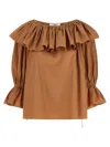 Chloé Ruffled Cotton Blouse With Drawstring Cuffs For Women In Brown