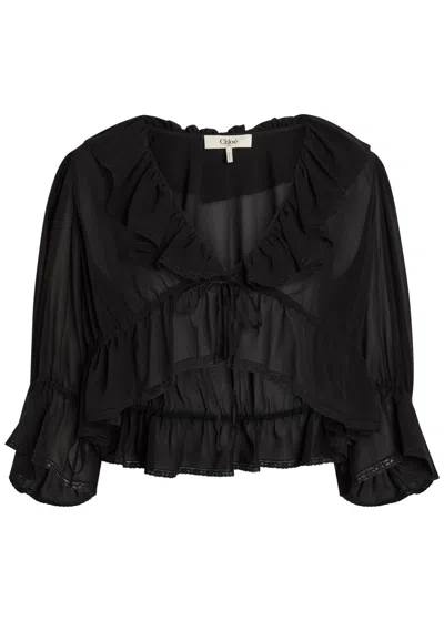 Chloé Chloe Ruffled Cropped Silk-chiffon Top In Black
