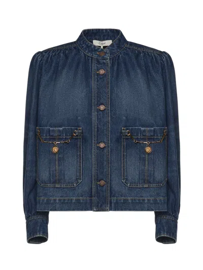 Chloé Blue Jacket With High Neck And Chain Detail On The Front In Denim Woman