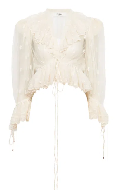 Chloé Ruffled Embroidered Lace Top In White