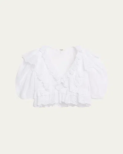 Chloé Ruffled Eyelet Cotton Puff-sleeve Crop Top In White
