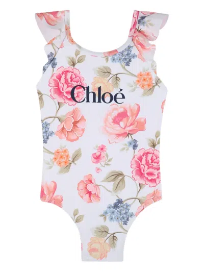 Chloé Babies' Ruffled Floral-print Swimsuit In White