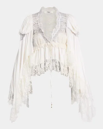 Chloé Ruffled Lace Angel-sleeve Blouse In Multi