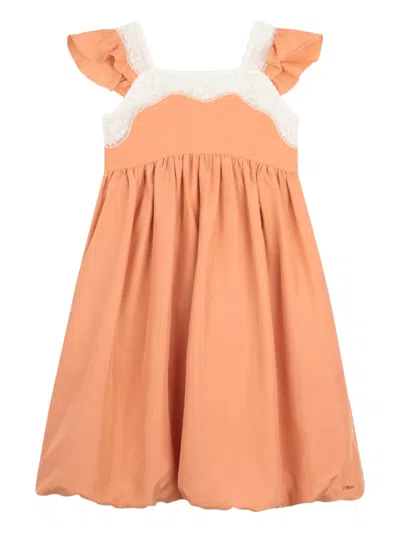 Chloé Kids' Ruffled Lace-detail Dress In Brown