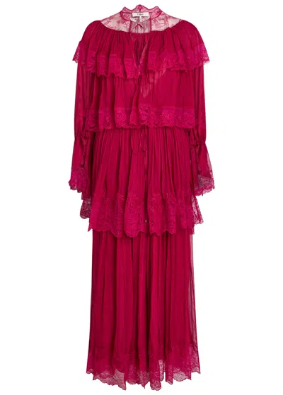 Chloé Chloe Ruffled Lace-trim Tiered Silk Maxi Dress In Pink