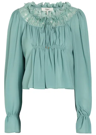 Chloé Chloe Ruffled Lace-trim Silk Blouse In Blue