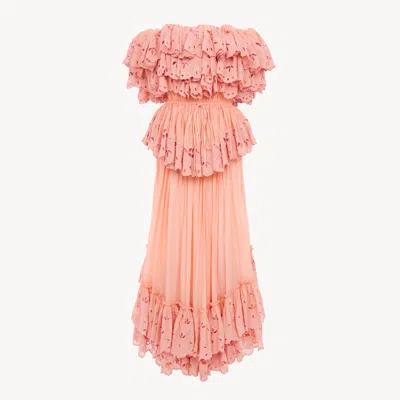 Chloé Ruffled Long Dress In Cotton Voile In Pink