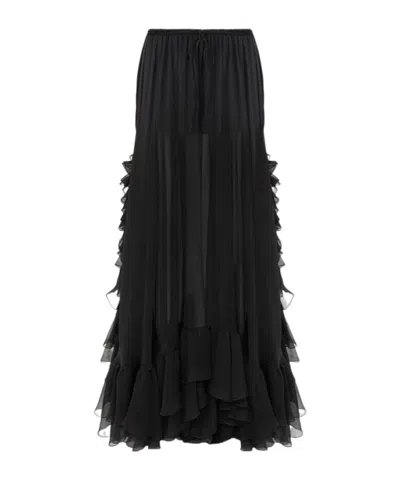 Chloé Ruffled Long Skirt In Silk Mousseline In Black