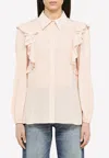 Chloé Crepe Button-down Blouse With Shoulder Ruffles In Pink