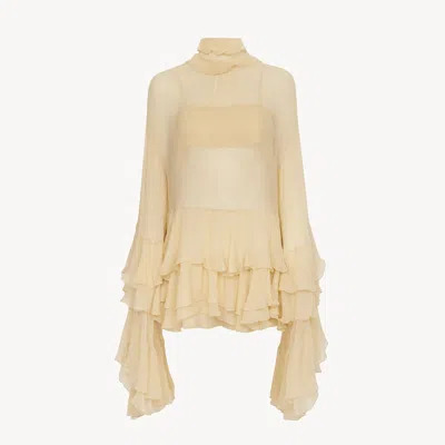 Chloé Ruffled Mini Dress In Silk Mousseline Brown Size 4 100% Silk In Neutral