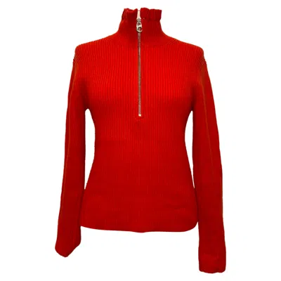 Chloé Ruffled Neck Ribbed-knit Sweater In Red Wool