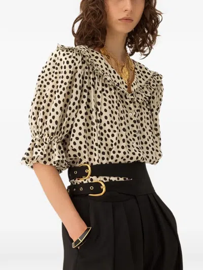 Chloé Top Puff Sleeves Polka Dots Ruffled Collar In Neutral