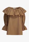 Chloé Ruffled Cotton Blouse With Drawstring Cuffs For Women In Brown