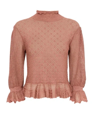 Chloé Ruffled Puff-sleeve Sweater In A Lurex Knit In Brown