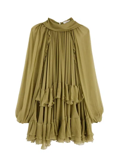 Chloé Chloe Ruffled Silk-georgette Mini Dress In Green Olive