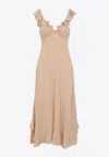 Chloé Long Silk Dress With Flared Skirt And Ruffled Straps In Sand