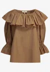 Chloé Ruffled Cotton Blouse With Drawstring Cuffs For Women In Brown