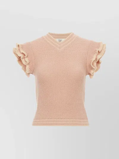 Chloé Cap-sleeved Wool Knit Top In Pinky Orange