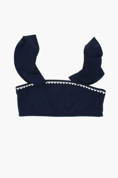 Chloé Kids' Ruffled Solid Color Bikini Top In Blue