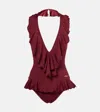 Chloé Halterneck One-piece Swimsuit Ruffle Detailing In Red