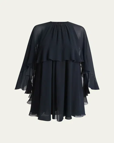 Chloé Ruffled Three-quarter Sleeve Silk Georgette Mini Dress In Blue