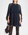 Chloé Mini Cape Dress In Silk Georgette In Graphite Blue