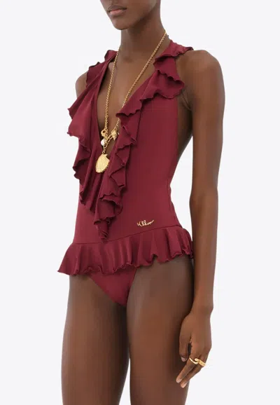 Chloé Ruffled V-neck One-piece Swimsuit In Red