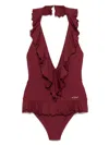 Chloé Halterneck One-piece Swimsuit Ruffle Detailing In Burgundy