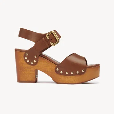 CHLOÉ JEANNETTE WEDGE CLOG BROWN SIZE 5 100% BOVINE LEATHER, PTEROCARPUS SOYAUXII, FARMED, COO CAMEROON, T