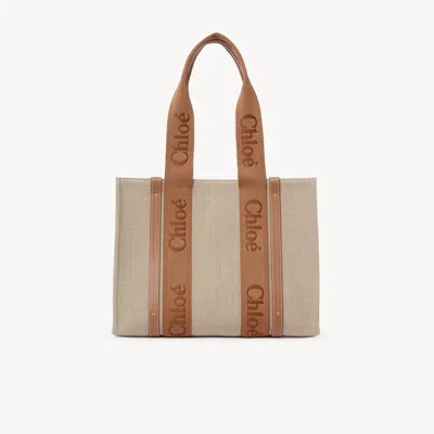 Chloé Sac Cabas Woody En Toile De Lin In Neutral