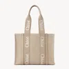 Chloé Sac Cabas Woody En Toile De Lin Femme Brun Taille Onesize 100% Lin, Cuir De Veau In Brown