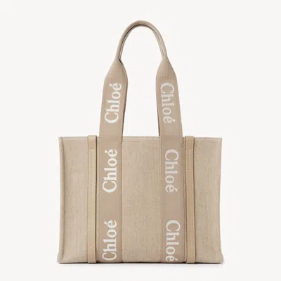 Chloé Sac Cabas Woody En Toile De Lin Femme Brun Taille Onesize 100% Lin, Cuir De Veau In Brown