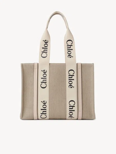 Chloé Sac Cabas Woody En Toile De Lin Femme Rose Taille Onesize 100% Lin, Cuir De Veau, Polyester