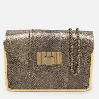 Pre-owned Chloé Sally Small Metallic Python Embossed Leather Shoulder Bag In Silver