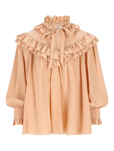 CHLOÉ SAND BROWN OVERSIZED RUFFLE TOP
