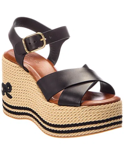 Chloé Sand Raffia & Leather Wedge Sandal In Black
