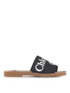 Chloé Woody Flat Logo Ribbon Slide Sandals In Negro
