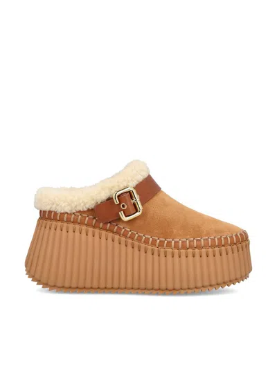 Chloé Nama Wedge Shearling Buckle Mule In Animal Print