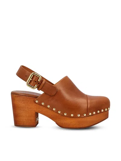 Chloé Chunky Heel Stud Embellishments Wooden Platform Pumps In Ginger Brown