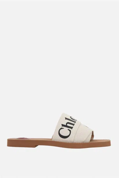 Chloé Womens White Woody Logo-print Canvas Sandals