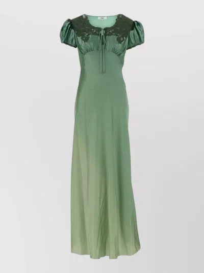 Chloé Satin Maxi Dress Puff Sleeves Lace In Green