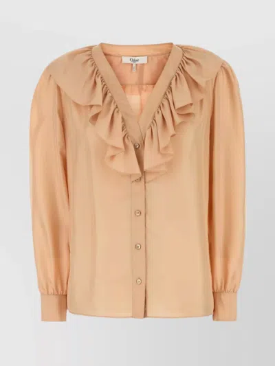 Chloé Satin Shirt With Cuffed And Ruffled Sleeves In Nude