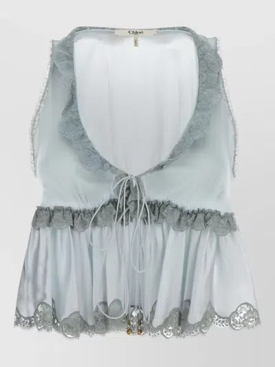 Chloé Satin Top Sleeveless Peplum Lace Tie Ruffles In Blue