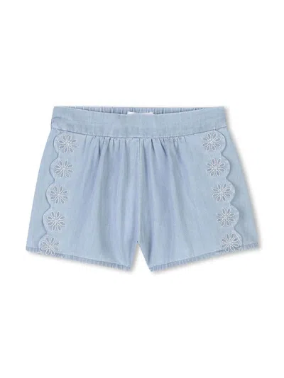 Chloé Babies' Scallop-edge Denim Shorts In 蓝色