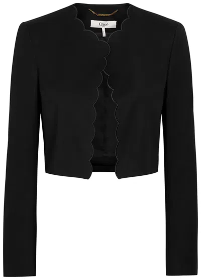 Chloé Chloe Scalloped Cropped Stretch-wool Blazer In Black
